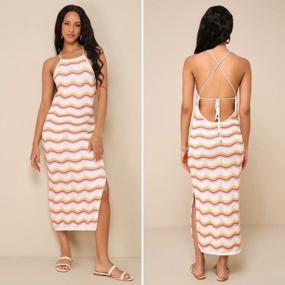 Lulus Natural Bliss Ivory Striped Crochet Lace-Up Halter Midi Dress Large boho - Picture 1 of 14